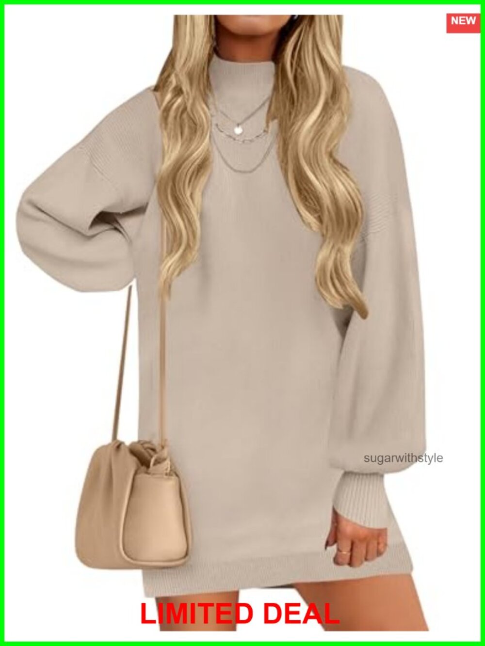 Mock Neck Mini Sweater Dress Lantern Sleeve Ribbed Knit Pullover